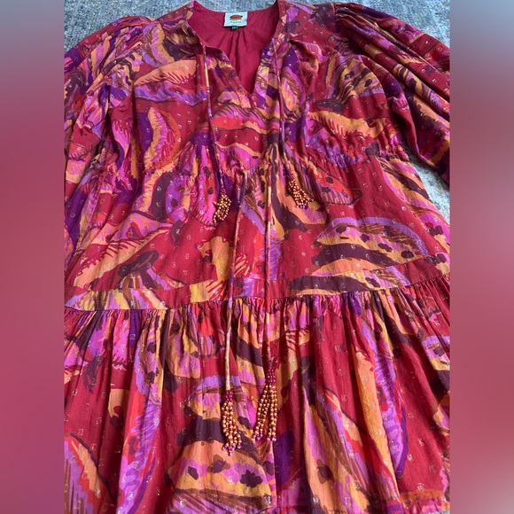 Farm Rio Long Sleeve Mini Dress Banana Juice Print Pink Beaded Drawstring Large - Picture 8 of 14